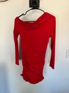 Red Off-Shoulder Ruched Long Sleeve Dress